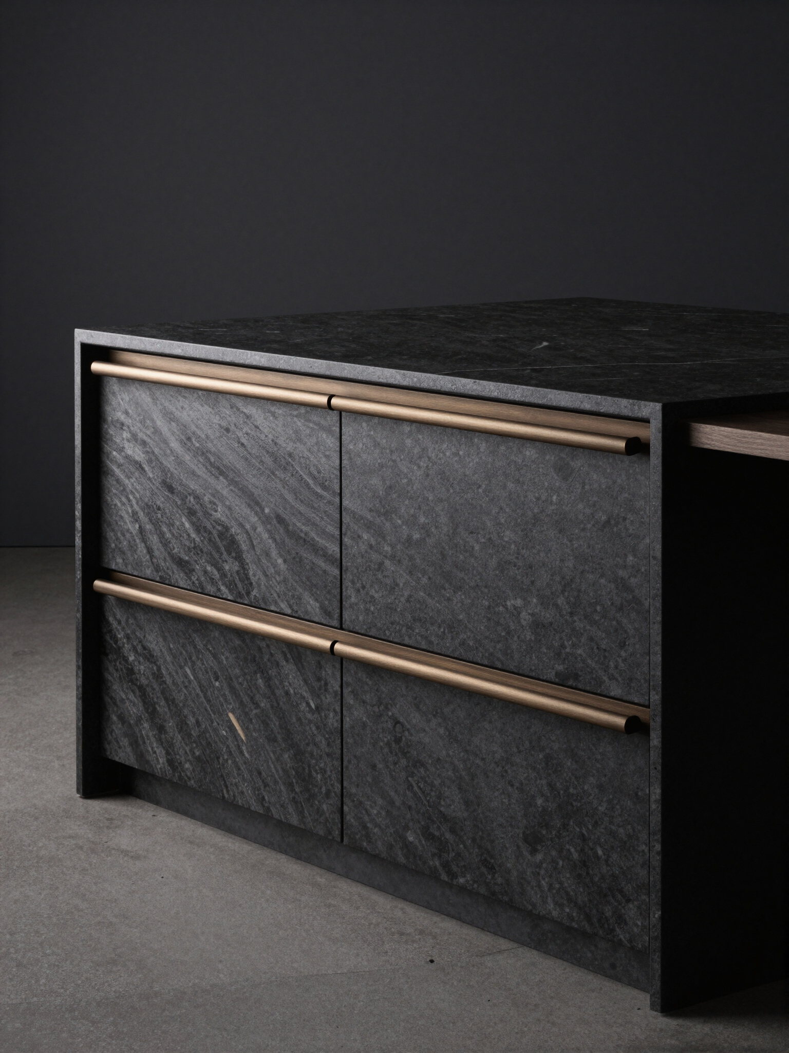 Dark stone kitchen cabinetry showing premium project presentation
